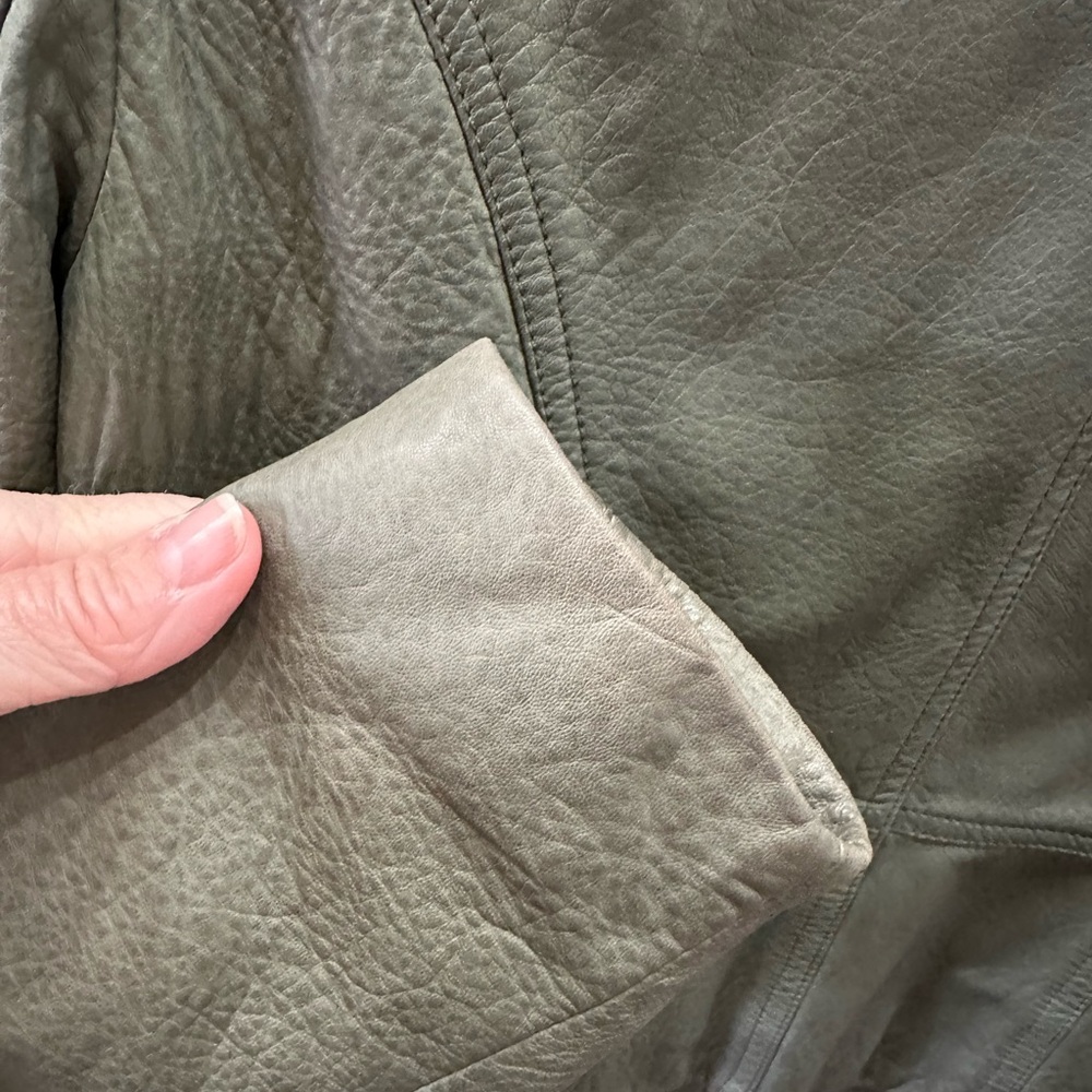 Theory Lambskin Moto Style Leather Jacket, Muted Olive Green, Size Med - Picture 11 of 12